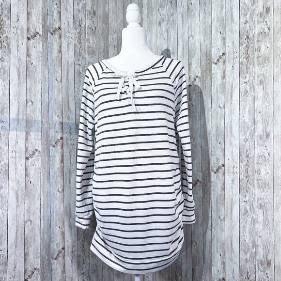 a:glow Tops - A:Glow Long Sleeve Maternity Sweatshirt | White with Gray Striped | Medium